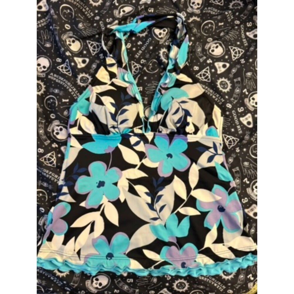Black Aqua Lavender Floral Halter Tankini Swim Top Molded Cups
